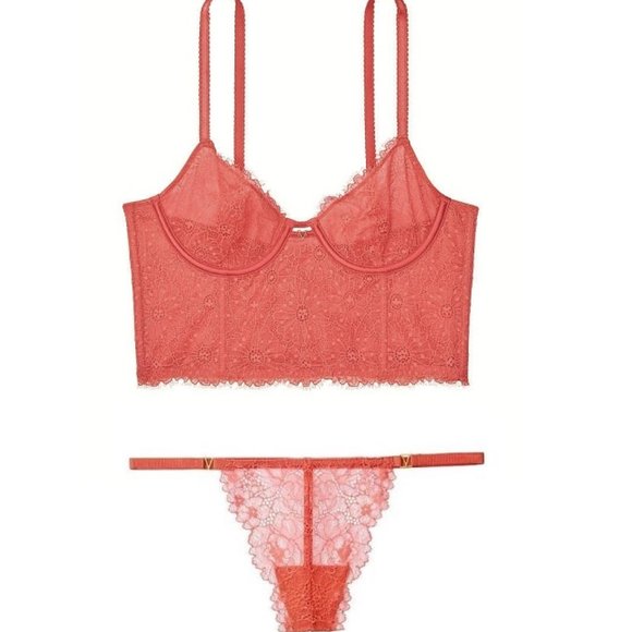 38C/L VICTORIA SECRET Unlined Long Line Bra Top Set Bustier V-String panty lace - Picture 2 of 11